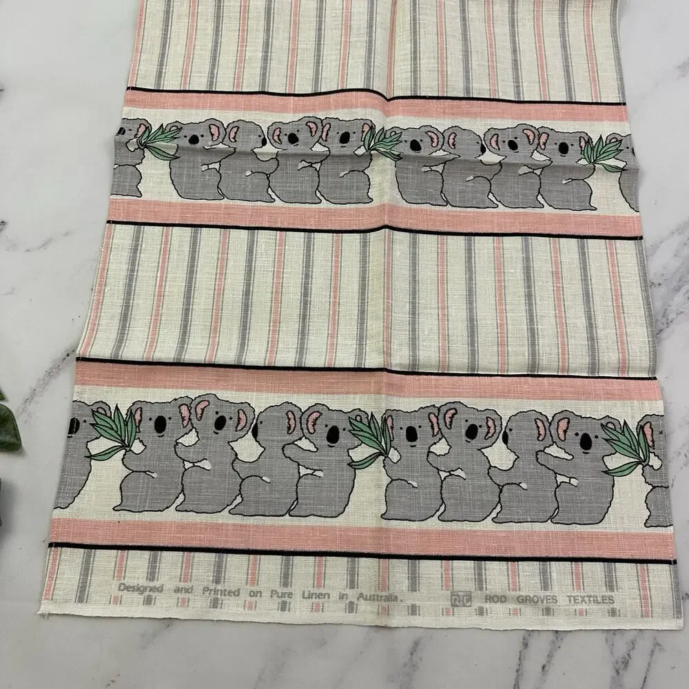 Vintage 80s Koala Australia Souvenir Linen Tea Towel New Gray Pink Pastel Cute